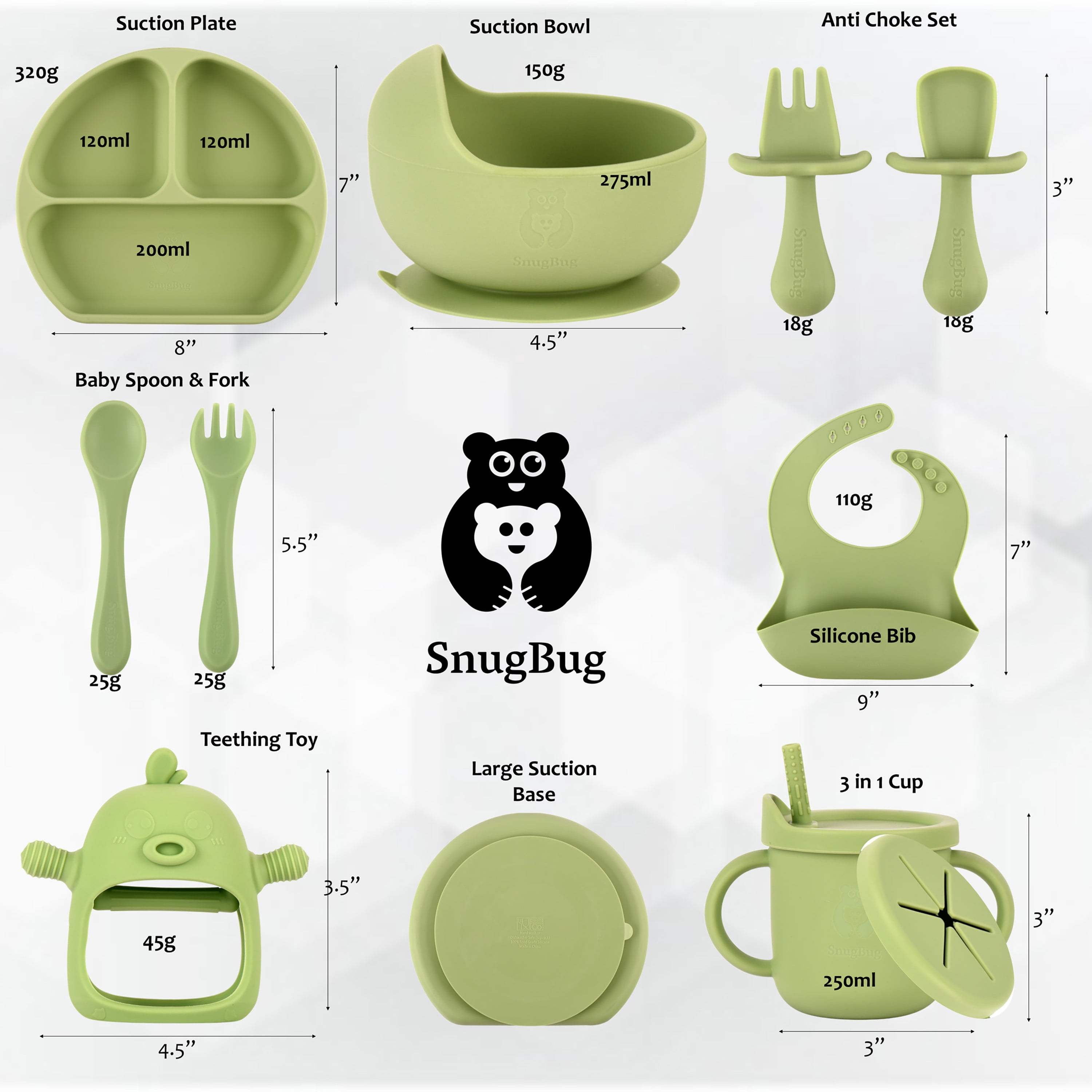 SnugBug Baby Led Weaning Supplies: Silicone Baby Spoons | Sippy Cup | Suction Plates | Baby Bowl | Baby Bib | Teething Toy