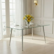 63" Rectangular Glass Dining Table for 4-6 Persons with Clear Tempered Glass Top & Plated Metal Legs, Modern Kitchen Table for Dining Room, Home Office, Meeting