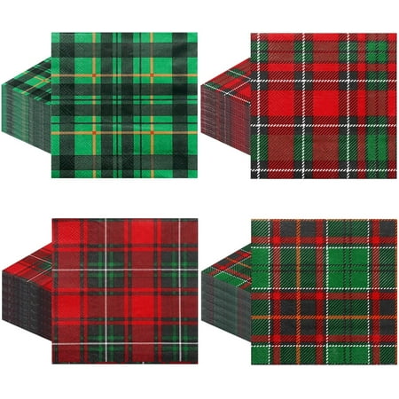100 Pieces Christmas Paper Napkins Buffalo Plaid Cocktail Napkins 5 x 5 Inches Disposable 2 Ply Green and Red Checkered Tableware for Dinner Kitchen Xmas Holiday Party Supplies