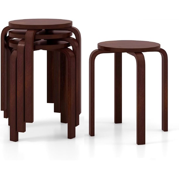 Songqin Stackable Bentwood Stools Set of 4, 18-Inch Height Backless Counter Chairs with Round Top, Anti-Slip Felt Pad, Portable School Stool for Dining Room, Kitchen, Classroom, Dark Coffee