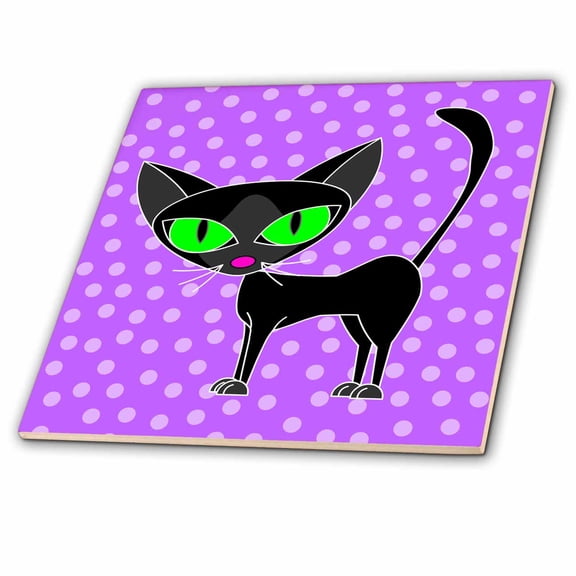 3dRose, Fancy Feline Black Cat Design in Purple, 6 Inch Ceramic Tile