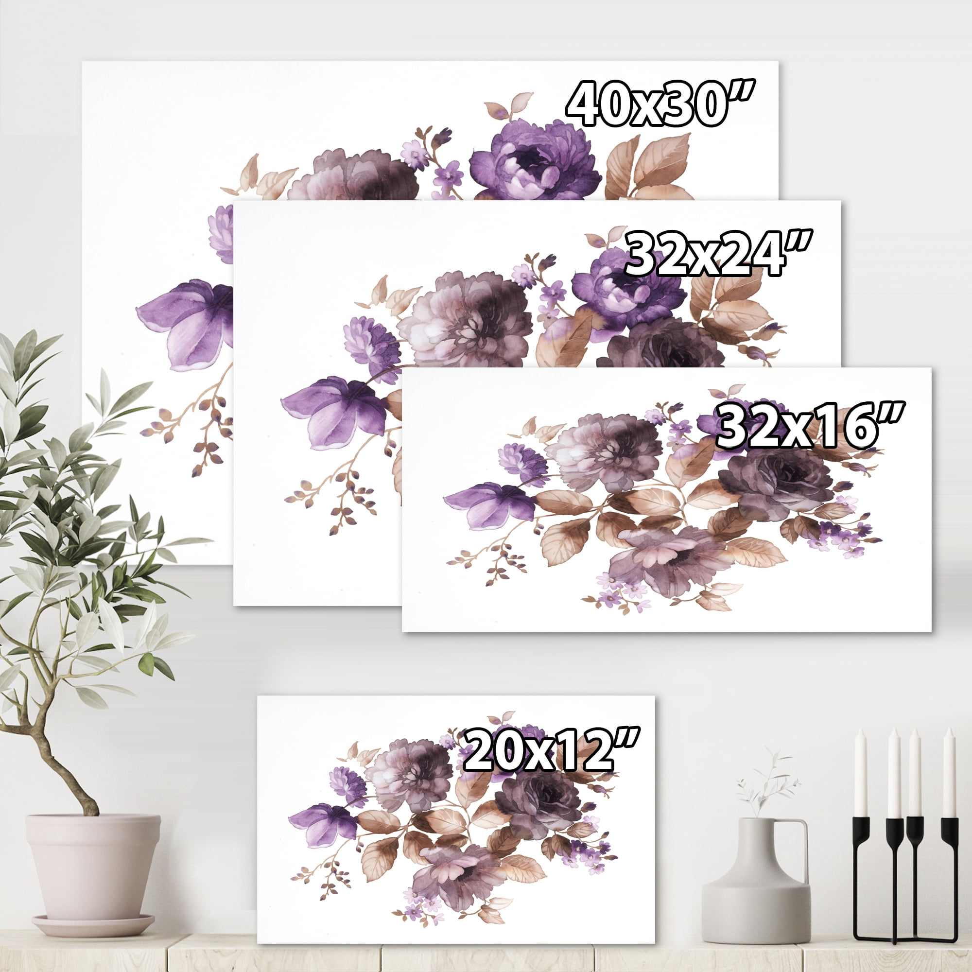 Designart ' Purple Retro Flowers With Brown Leaves On White ' Traditional Canvas Wall Art Print
