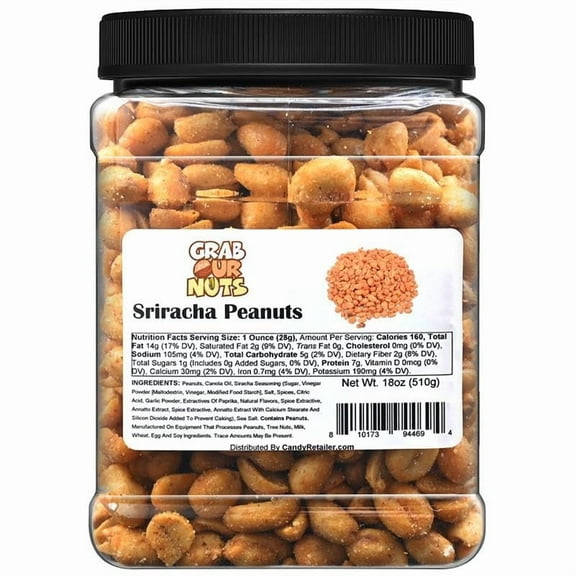 Grab Our Nuts Sriracha Flavored Roasted Peanuts - High Protein Snack - 18 Ounces