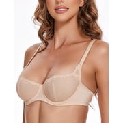 Wingslove Women's Sexy Lace Bra Mesh Balconette See Through Bralette Half Cup Sheer Bras Unlined Underwire Suppport (Nude,32D)