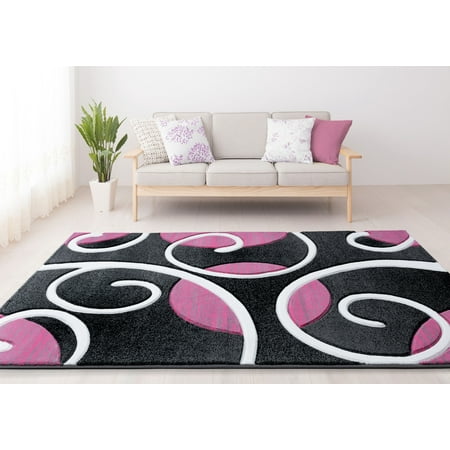 United Weavers Drachma Salona Contemporary Paisley Accent Rug  Pink  1 10  x 2 8 This whimsical rug will make a strong visual impact in your living space with its swirly design and contrasting colors. This stunning design is complimented with a charcoal grey background that contrasts the pure white swirls and accents of bubblegum pink tones. This machine-made rug has a hand carved design and is stain and fade resistant for your lifestyle needs.