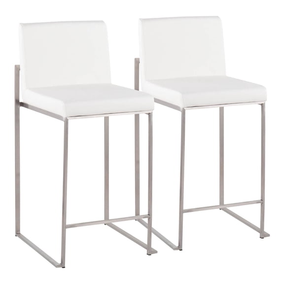 Fuji Contemporary High Back Counter Stool In Stainless Steel And White Faux Leather - Set Of 2