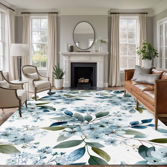 5'x7' Area Rugs for Living Room Bedroom, Watercolor Flowers Washable Rug Carpet Runner Indoor Outdoor, Spring Floral Leaves Botanical Blue Non Slip Floor Mats Area Rug for Kitchen, Nursery