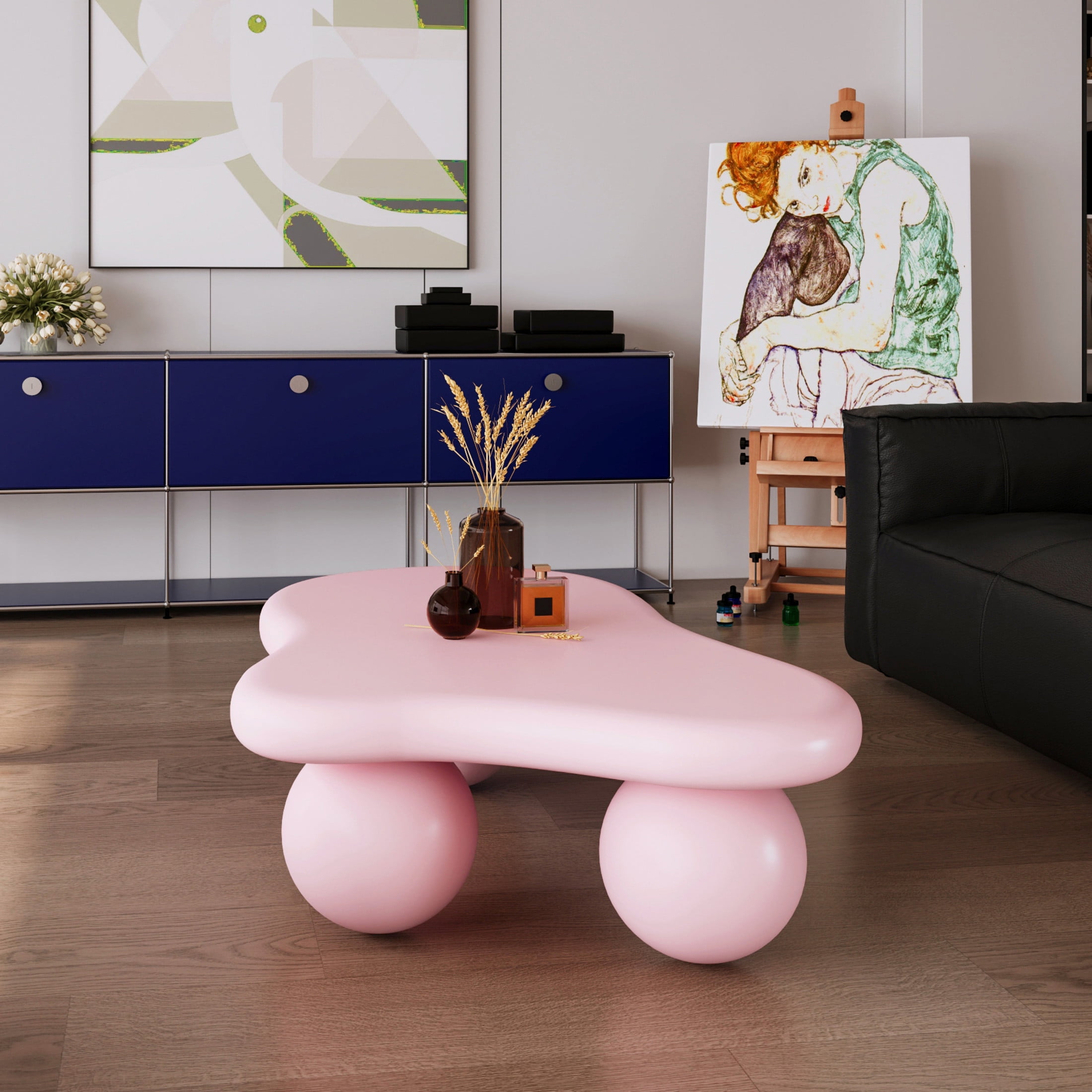 Noble House 47" Cloud Shaped Coffee Table with Ball Legs, Modern Aesthetic Accent Table for Living Room, Pink