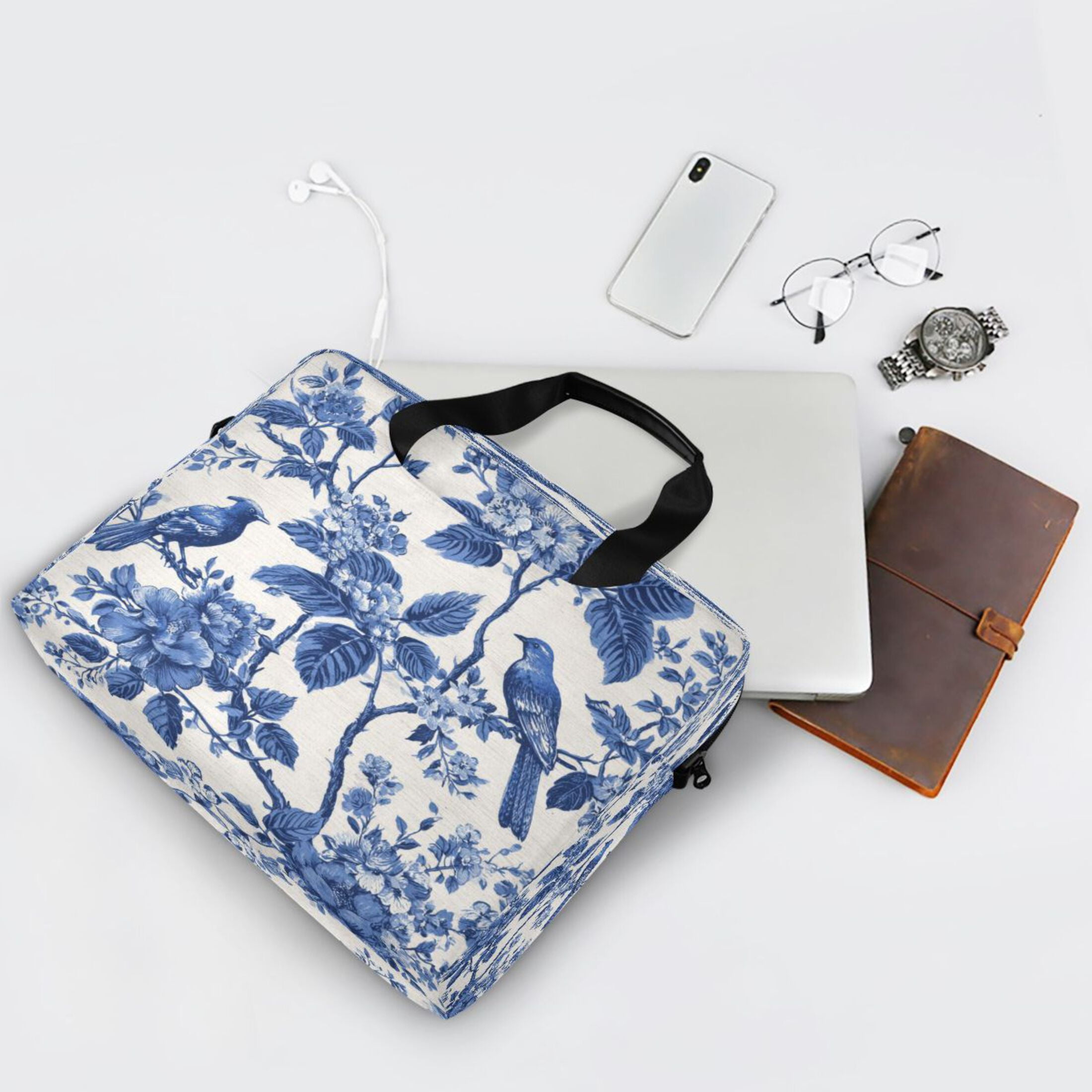 16" Laptop Tote Bag Laptop Sleeve Case Computer Briefcase for Work & Travel Blue Flowers and Birds