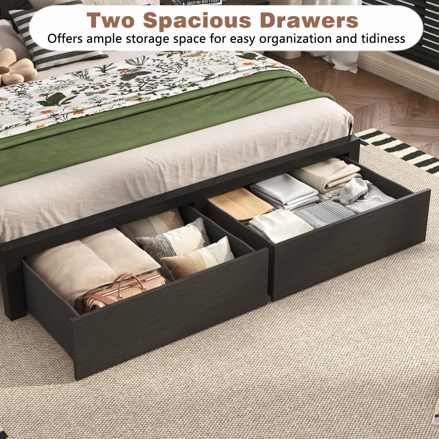 Fastroby Full Bed Frame with Storage Headboard & Drawers, Farmhouse Style, No Box Spring Needed, Black