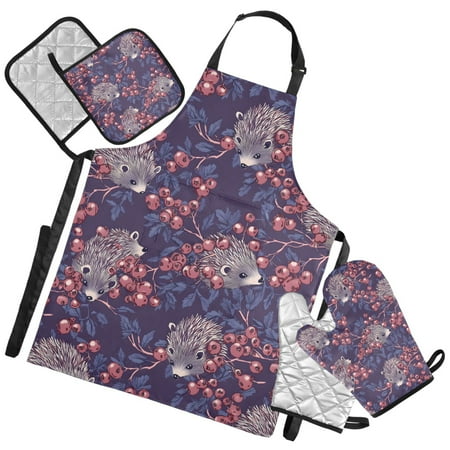 Ryvnso Hedgehog Cherry Kitchen Apron Oven Mitts Set Pot Holders