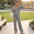 thumbnail image 4 of Szluipve 2 Piece Sets for Women Leopard Print 2 Piece Tracksuit Zip Up Stand Collar Jacket Elastic Waist Wide Leg Pants Casual Loungewear Outfit Set Gray M, 4 of 7