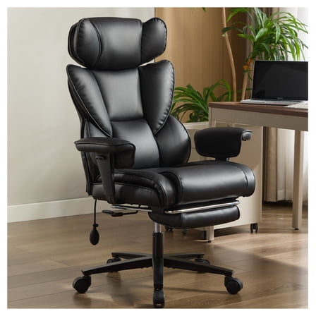 Office Chair with Foot Rest and Waist Lumber Support, Ergonomic Gaming Chair with Adjustable Height Headrest, High-Back Leather Reclining Chair for Home, Black
