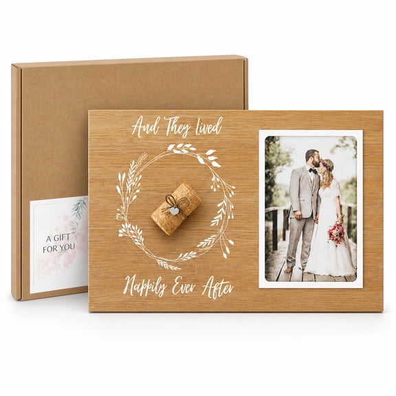 Wedding Cork Keepsake Photo Frame, Bridal Shower Gift for Couple, Happily Ever After Memory Frame with Gift Box, Card & Hanging Hardware
