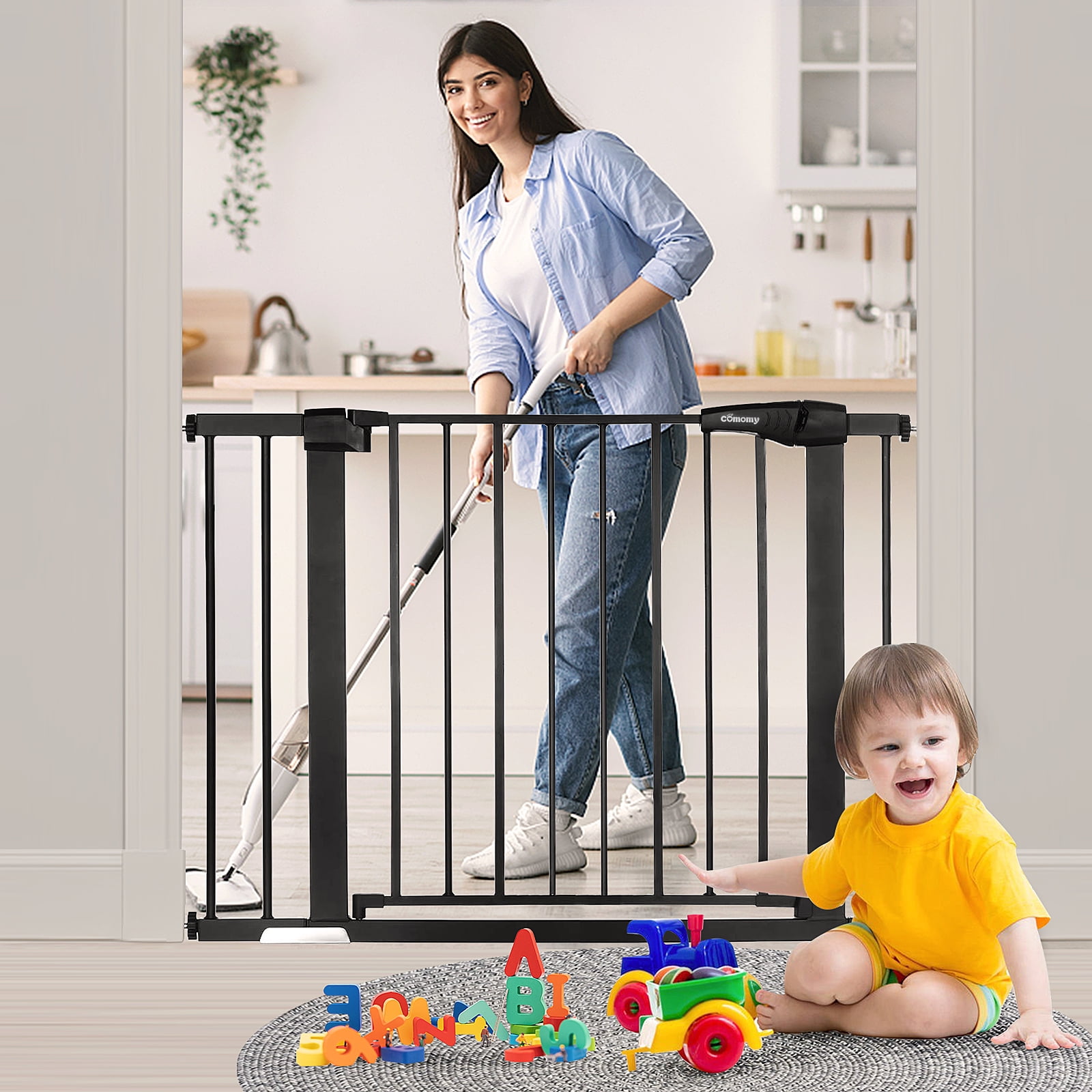 HOOEN Extra Wide Baby Gate for Stairs Doorways Hallways Tension Baby Gate Walk Through Child Gates for Kids or Pets Indoor Safety Gates 57.5-62 Inch 