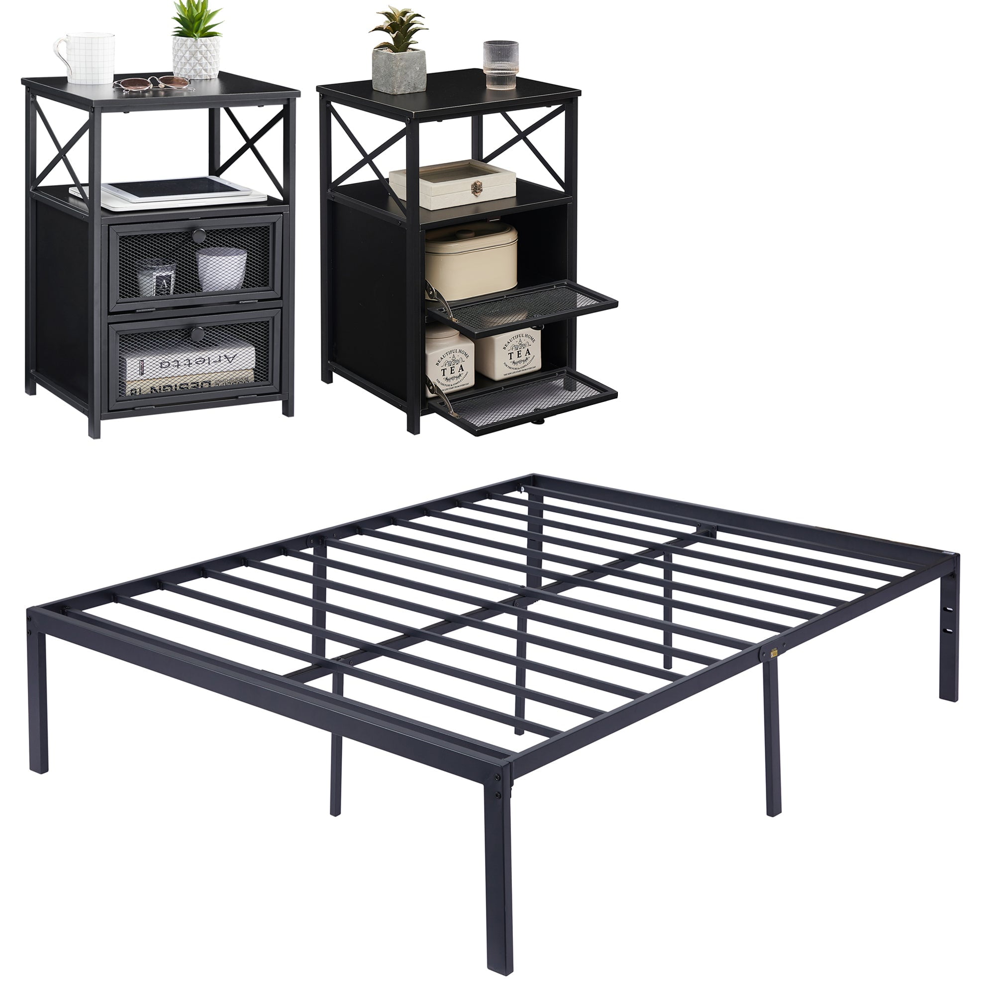 VECELO 3Piece Queen Bedroom Sets Include Metal Platform Bed Frame and