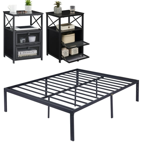 VECELO 3-Piece Queen Bedroom Sets Include Metal Platform Bed Frame and 2 Black Nightstands