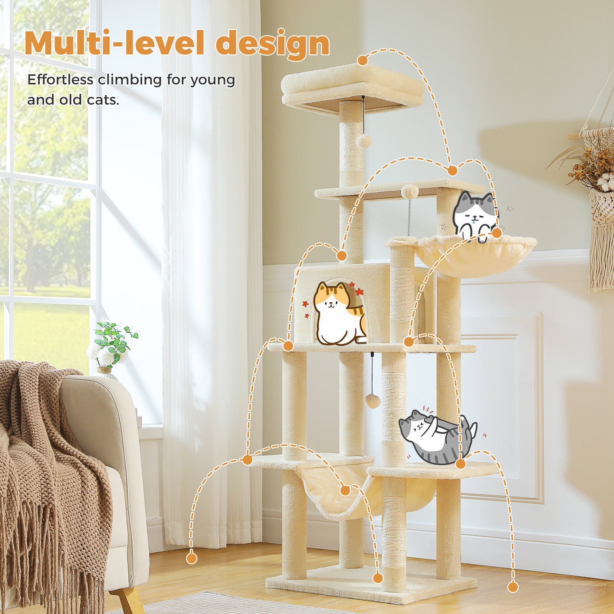 PAWZ Road 64" Cat Tree with Multi-Level Scratching Post Tower Large Hammock for Indoor Kittens Cats, Beige