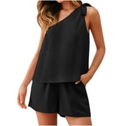 Women Summers 2 Piece Lounge Outfits Solid Color One Shoulder Sleeveless Tops with Loose Shorts Casual Pajamas Sets