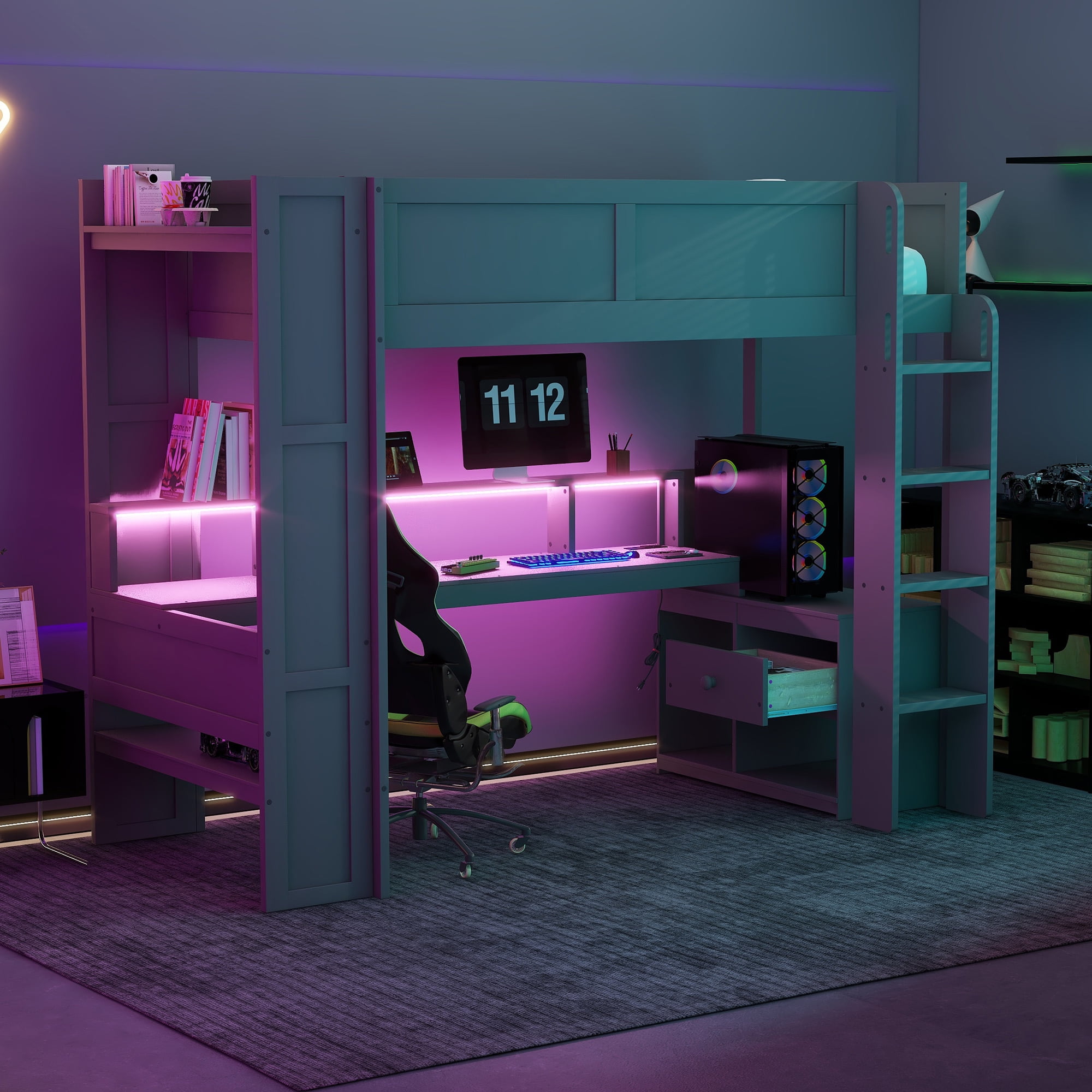 Homy Casa Wood Twin Size Gaming Loft Bed with Desk Shelves LED and Charging Station for Teen Bedrooms