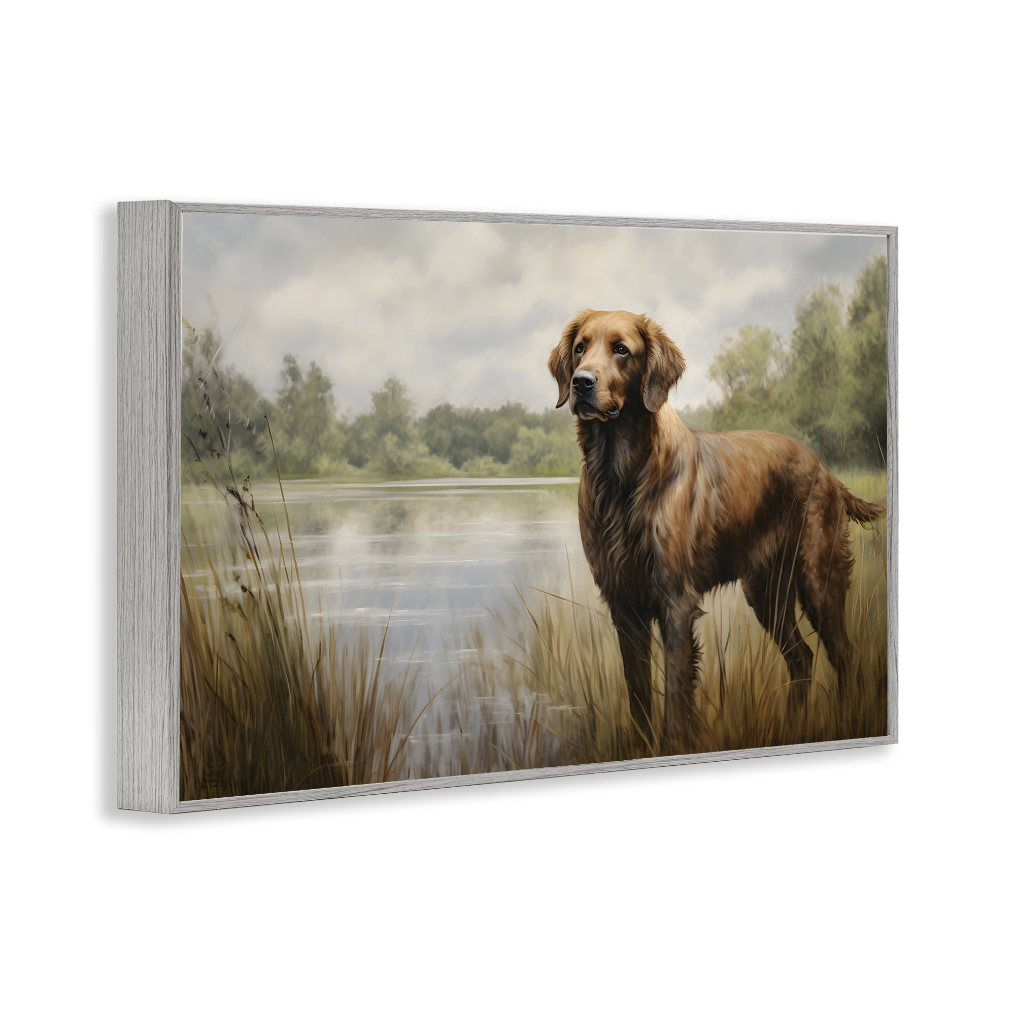Stupell Industries Retriever Dog & Pond Landscape Painting Gray Framed Art Print Wall Art, 30 x 20