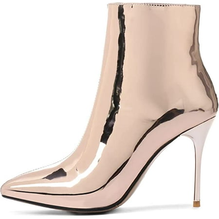 

The shy Metallic Ankle Boots for Women Stiletto Heel Mirror Leather Boot Pointed Toe Booties Side Zipper Shoes
