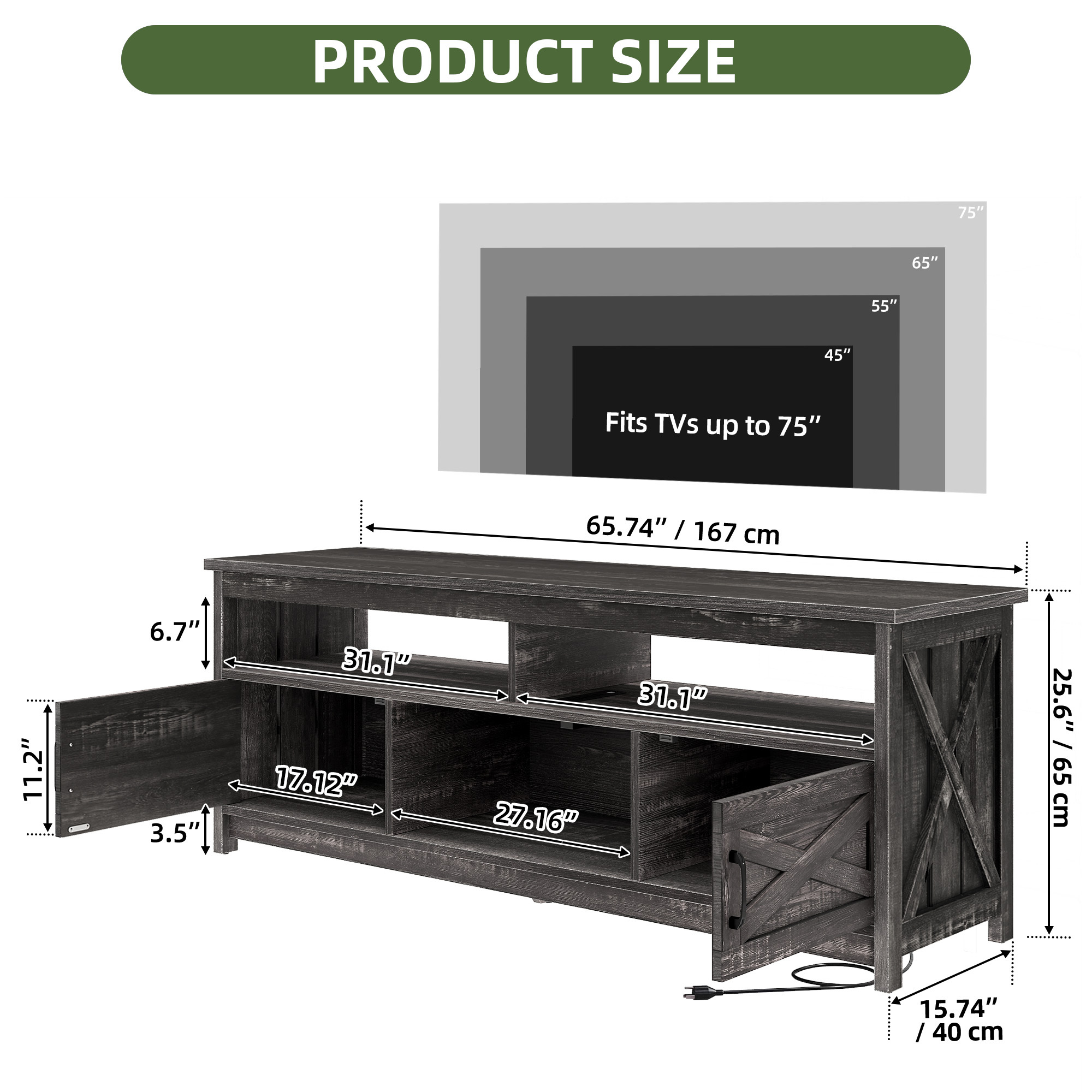 Uforic 65 Inch Farmhouse TV Stand Fits 70/75 Inch Flat Screen TV with RGB Ambient Light, Cable Holes, Built-in Power Station & Multi Storage Space for Living Room, Dark Grey