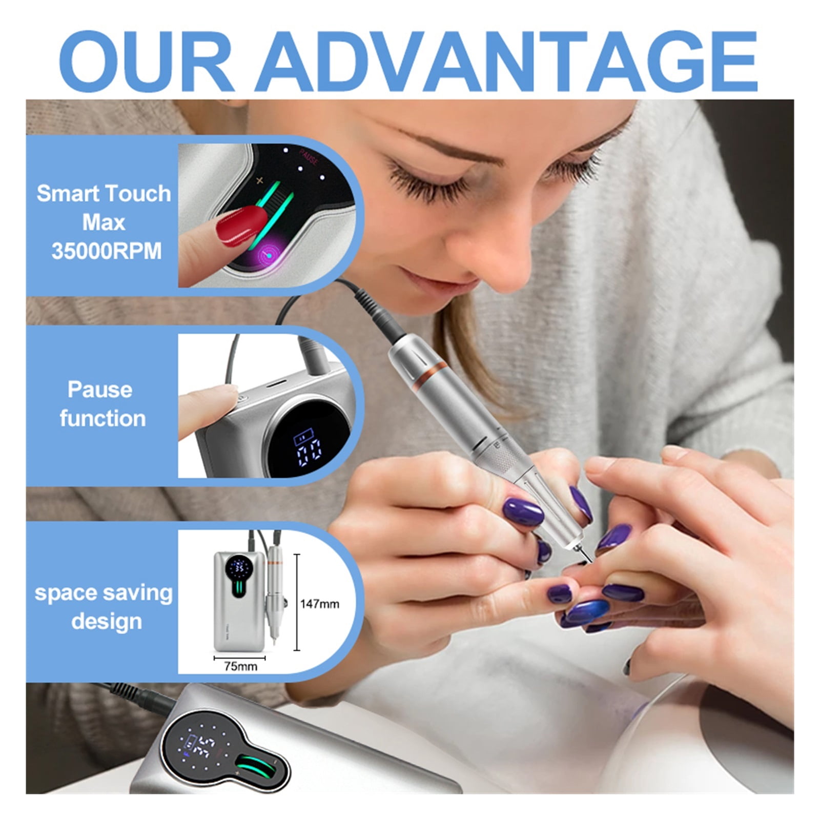 Professional Nail Drill, 35000RPM Rechargeable Nail Efile, Portable Electric Nail File Machine For , Gel Nails, Manicure Pedicure For Home Salon Use ,Low Noise