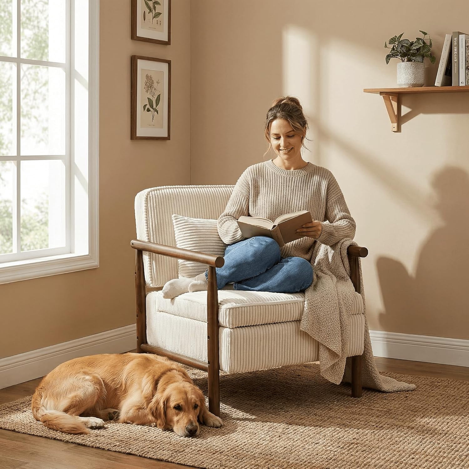 MOONMISS Accent Chair with Hidden Storage, Armchair with Solid Wood Frame, Corduroy Fabric Accent Chair for Living Room,Beige