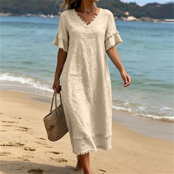 Women's Casual V-Neck Short Sleeve Summer Dress with Pockets, Solid
