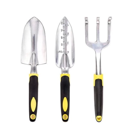Garden Tool Set 3 Piece Heavy Duty Gardening Kit with Soft Rubberized Non-Slip Handle (Yellow)