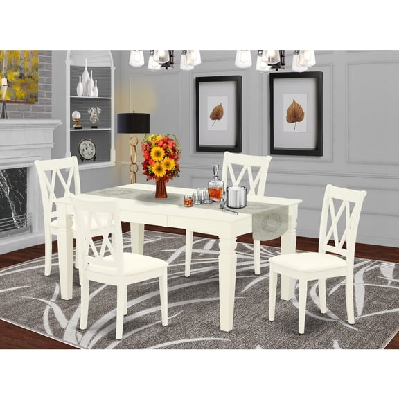 HomeStock Art Deco Dreams 5Pc Dining Set Includes A Rectangle Dinette Table With Butterfly Leaf And Four Double X Back Linen Seat Kitchen Chairs, White Finish