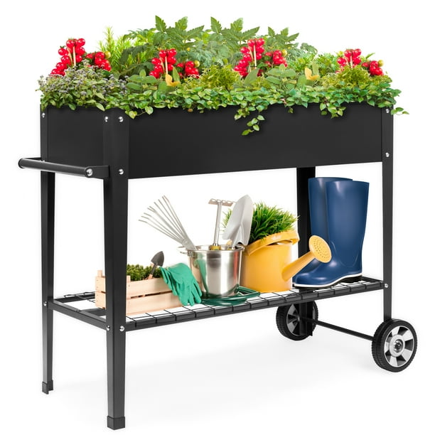 Best Choice Products Mobile Raised Metal Planter Garden Bed for Backyard w/ Wheels, Lower Shelf