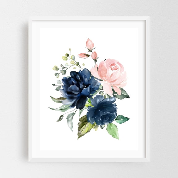 Navy and Blush Flowers, Watercolor Flowers, Roses, Greenery, Girl Nursery - Illustration White Framed Wall Art Print 12 x 16 inches