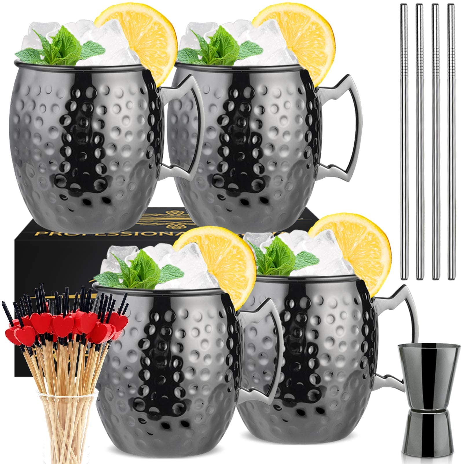 for Chilled Drinks Party Opener Set Set of 4 Gunmetal Black Stainless Steel Mug 18oz Bar Blade Cap Opener Moscow Mule Mugs 