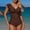 Coffee(New), variant on PNTUTB One-Piece Swimsuit for Women Bathing Suit Stylish Casual Slim Solid Color V-Neck Flare Sleeves Pleated Tummy-Tucking Bikini Swimwear