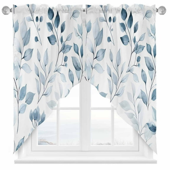 Country Style Swag Curtain Valance for Windows, Blue Leaves Watercolor Window Treatments Short Swag Topper for Kitchen Windows Bathroom Bedroom, 28"x36"