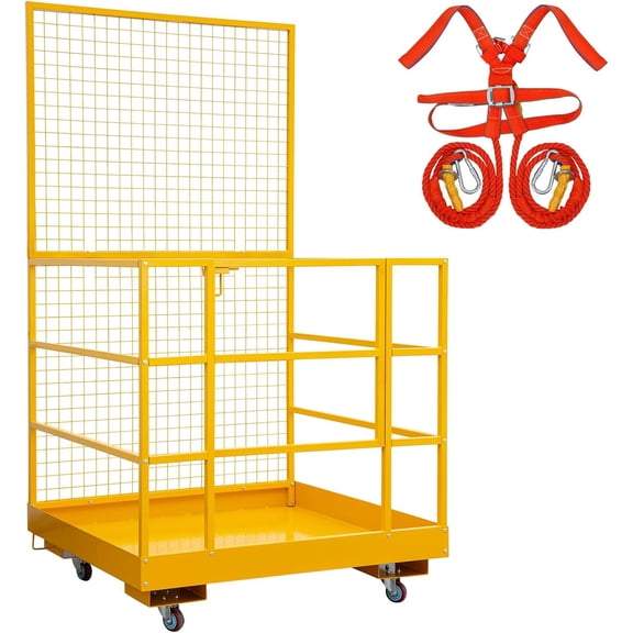 Telyswee 43"x 45" Forklift Safety Cage, 1400 LBS Capacity Forklift Work Platform with 4 Wheels & Safety Harness, Collapsible Lift Basket Aerial Platform for Lifting Loader, Yellow