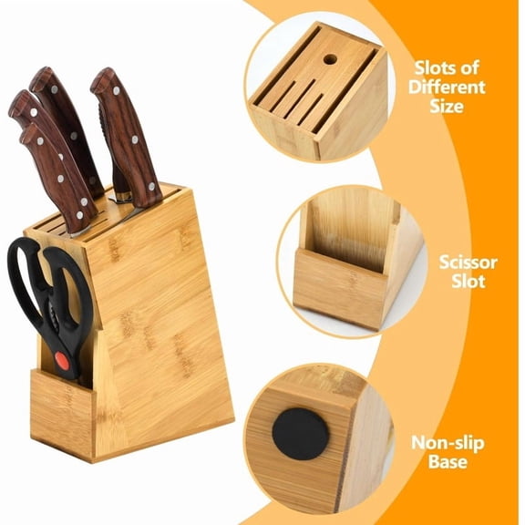 Wood Knife Block, Kitchen Knife Holder Countertop 6 Slots Knife Block with Scissors Slot Kitchen Knife Set for Knife, Scissor, Sharpenner Knife Organizer