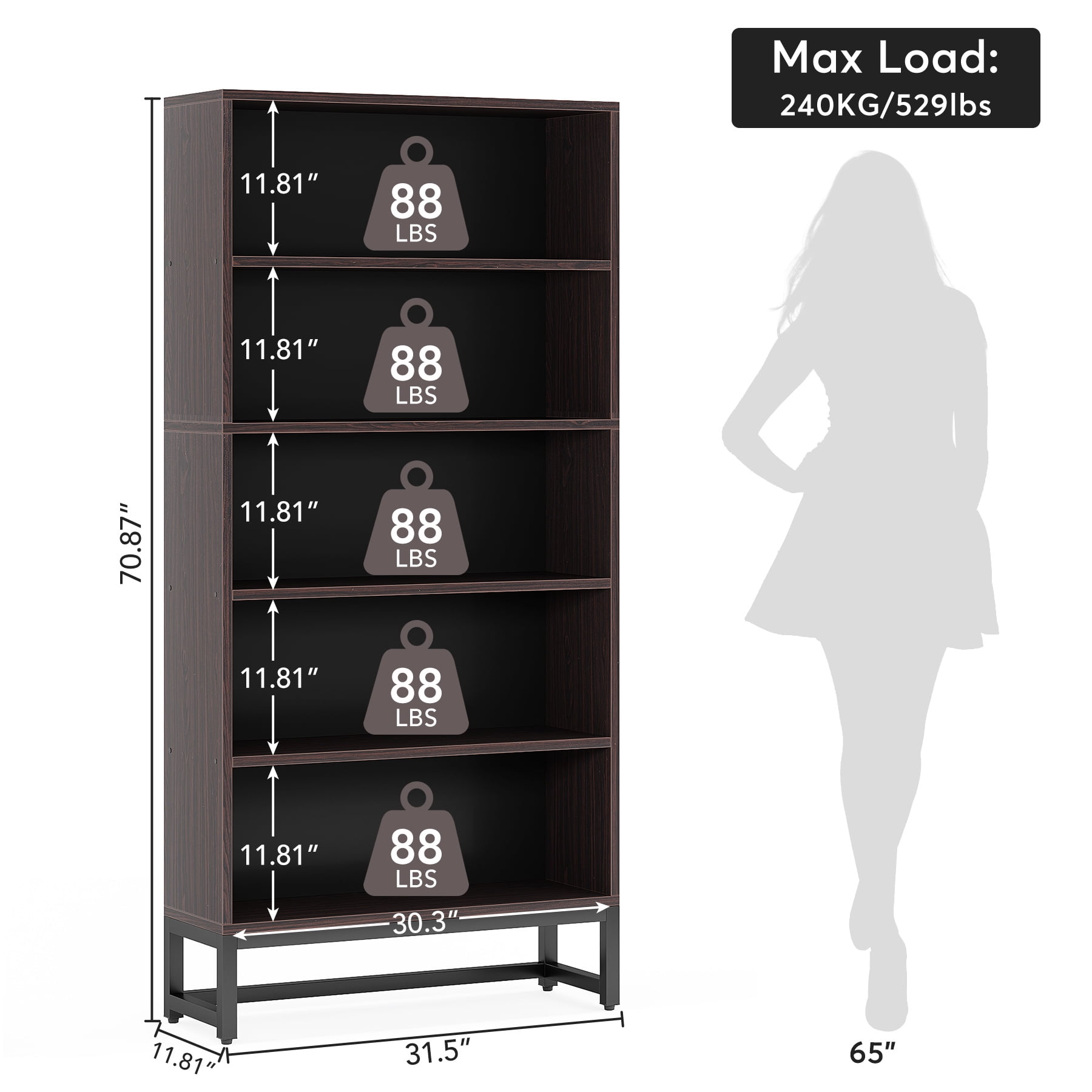 Tribesigns Heavy-Duty Tall Bookcase, 70.8-Inch 5-Tier Bookshelf with Storage Shelves for Living Room, Bedroom, Office - Sandalwood