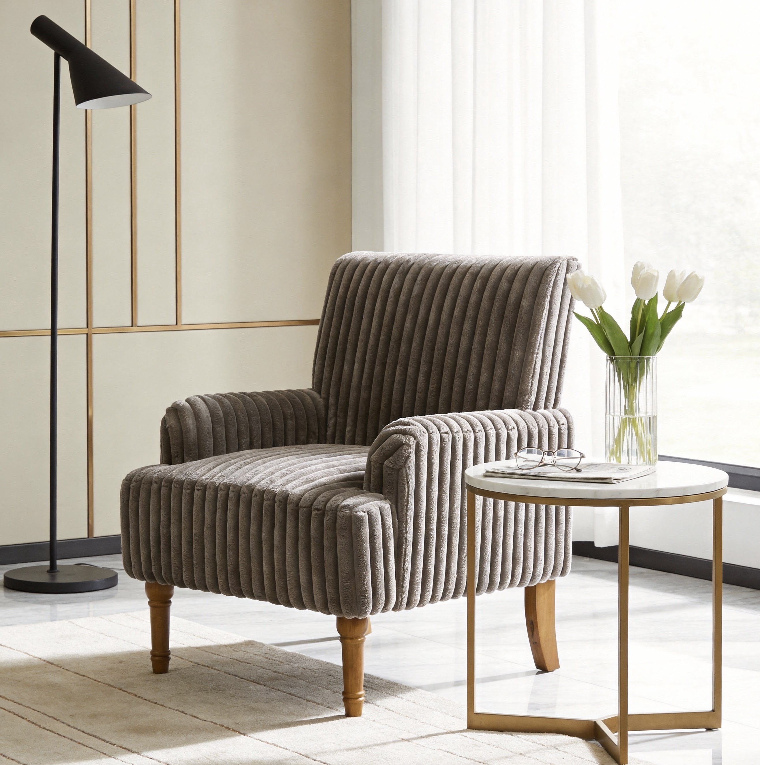 Modern Accent Chair with Wide Wale Corduroy, 9 Inch Solid Wood Legs, Upholstered Armchair with Thick High-Density Foam Cushion for Living Room, Dark Coffee