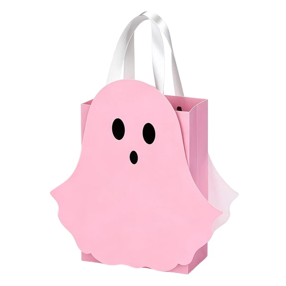 GHIIYER Cute Halloween Paper Gift Bags Ghost Candy Bags with Handles, Halloween Party Supplies Light Pink Size A