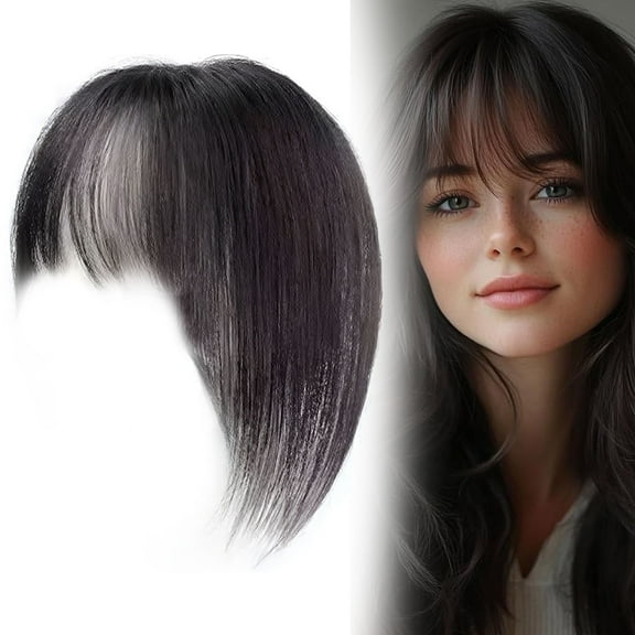 Human Hair Topper with Clip,Wispy Bangs,Straight Base for Thinning Crown, Real Remy Hair Piece with Natural Scalp Line, Lightweight Black Hair Extension,A 2.8x3.9 in