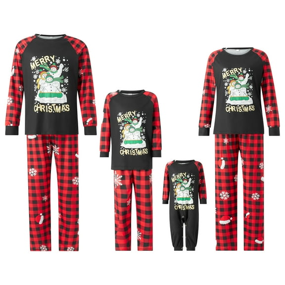 Christmas Family Matching Pajamas Set, Long Sleeve Snowman/Elk Print Tops with Plaid Pants