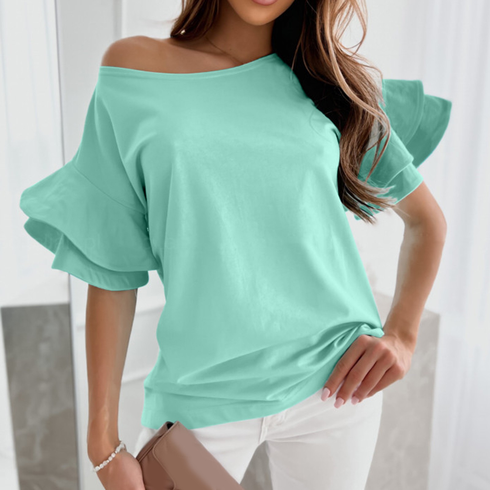 Womens Shirts Solid Color Short Sleeve O-Neck Daily Summer Bell Workout  Casual Loose Tee Cozy Comfy Blouse Top