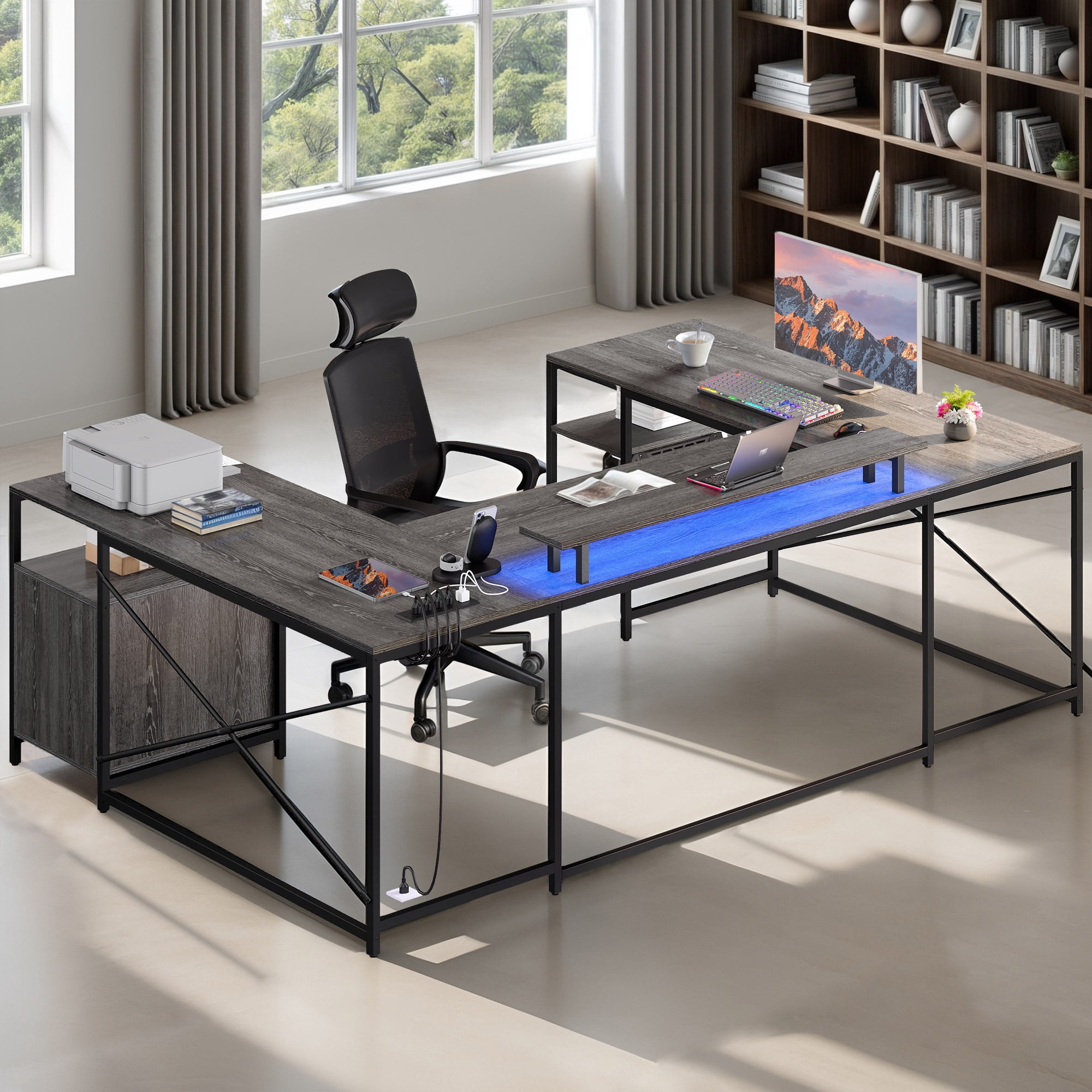 ModFusion Reversible U-Shaped Desk with Monitor Stand, Power Outlets & LED Lights, L-Shaped and Long Home Office Desk with Drawers - Gray