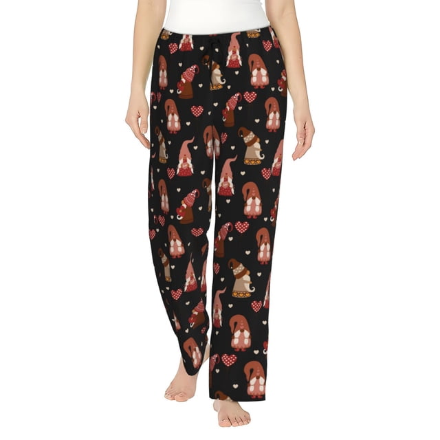 Fotbe Valentine Gnome Pantalones de Pijama para Mujer, Pantalones de Dormir, Pantalones Pj con Cordón y Bolsillos-X-Large