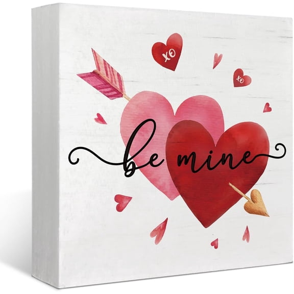 Zomyto 5x5 Inches Valentines Day Decor Wood Box Sign,Be Mine Romantic Heart Valentines Gifts Wooden Box Sign Block Plaque for Shelf Desk Indoor Decor