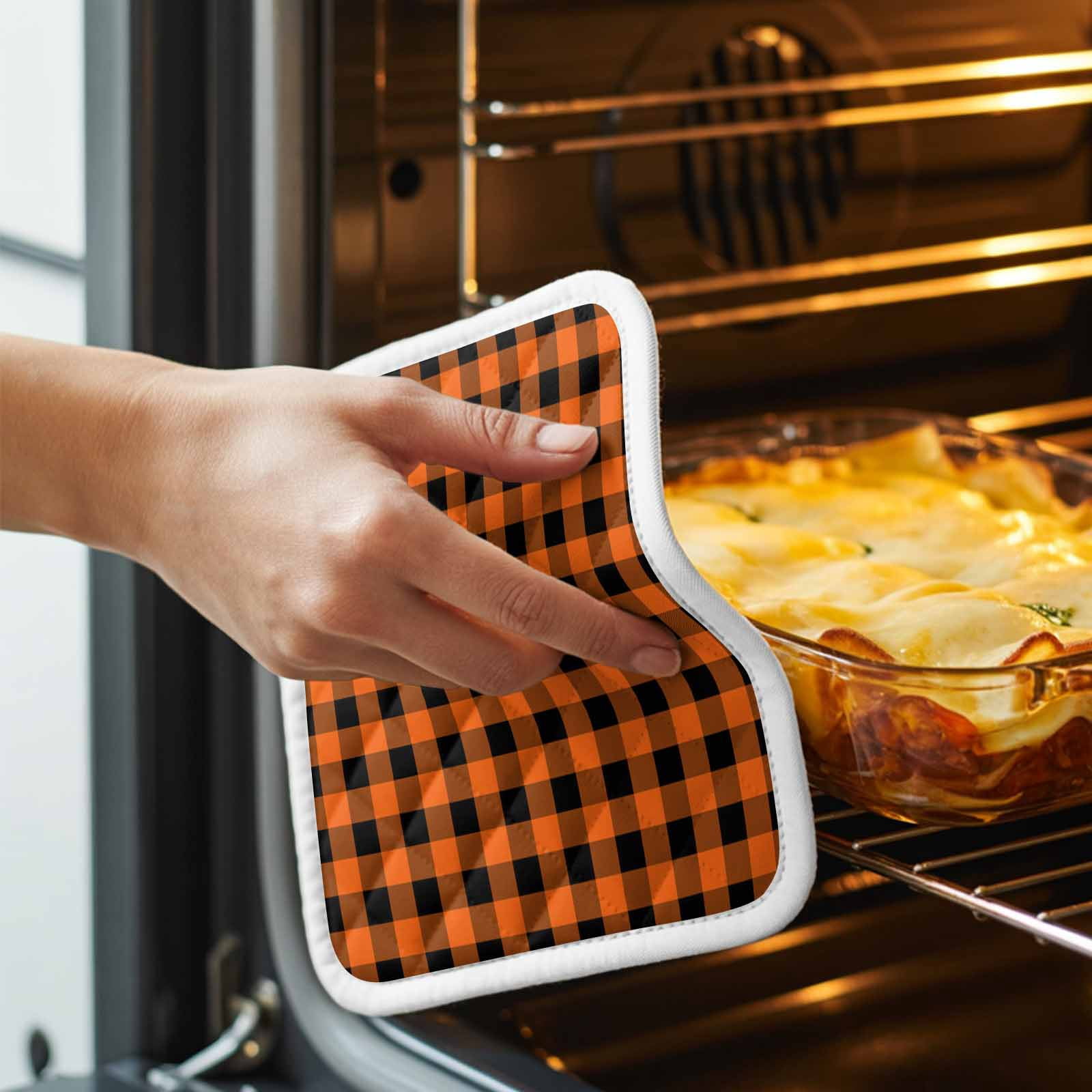 Farm Buffalo Plaid Pot Holders for Kitchen Heatproof Potholder, 2 Pack Orange Black Checkered Hot Pads Multipurpose Oven Pads Cloth Potholders Trivet for Cooking and Baking
