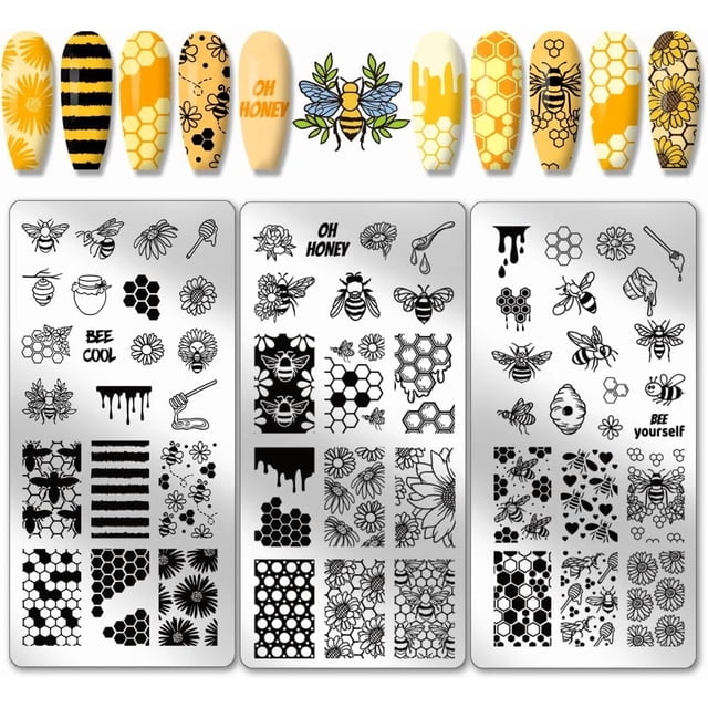 Juego de 3 placas de estampado de uñas con diseño de panal de abeja, estampador de uñas de miel con diseño de girasol, plantillas artísticas, placa de imagen de acero inoxidable